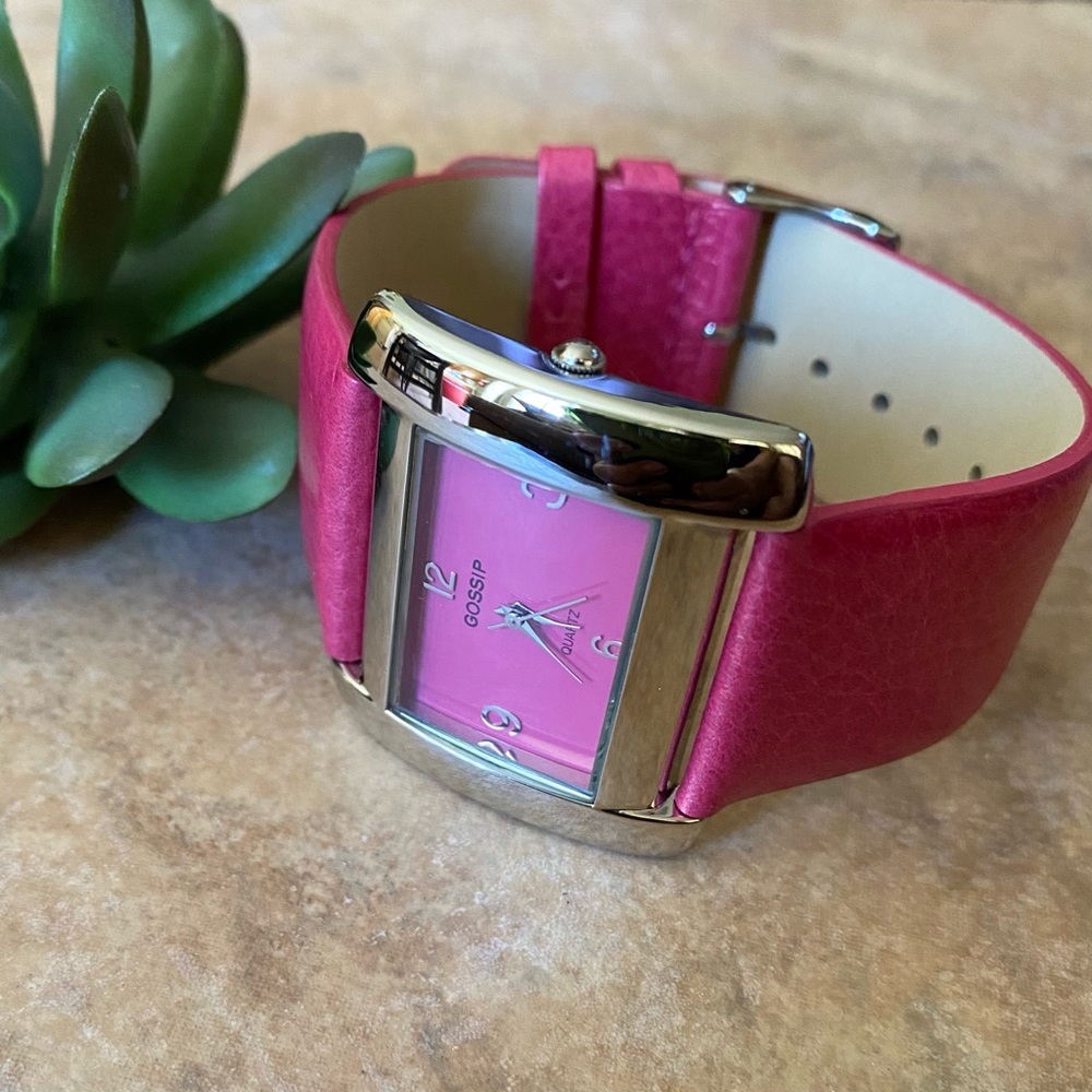 Gossip Hot Pink and Silver Tone Square Quartz Wrist Watch